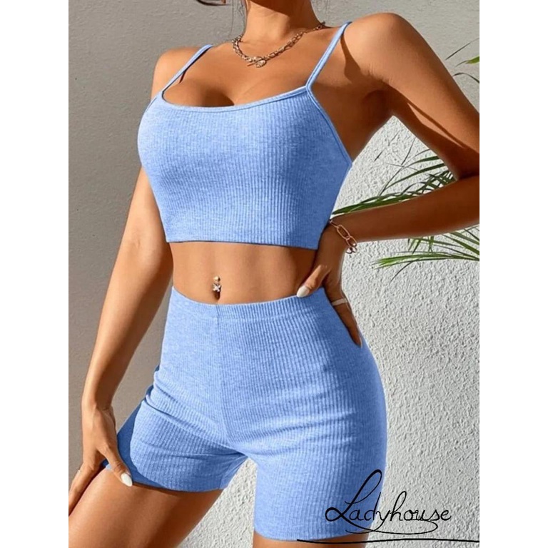 Set Đồ Mùa Hè 2 Món Gồm Áo Hai Dây Gân Gân + Quần Ngắn Eo Cao Cho Nữ Tập yoga