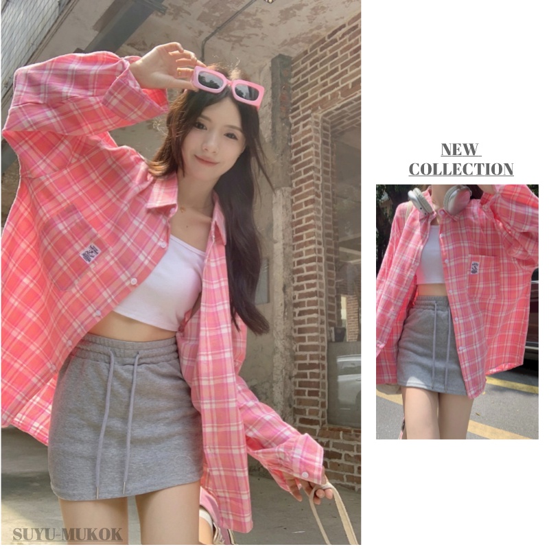 Mùa thu retro kẻ sọc lỏng lẻo đơn giản áo dài tay phụ nữ