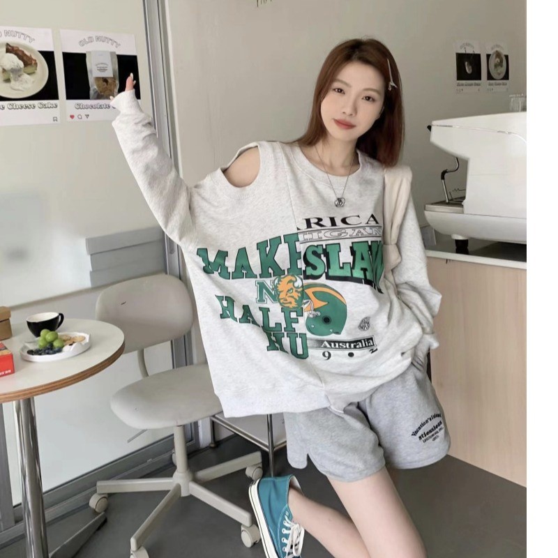 TINGYAXIU  Áo Nỉ Nữ Dài Tay Cổ Tròn Hở Vai Thời Trang Hàn