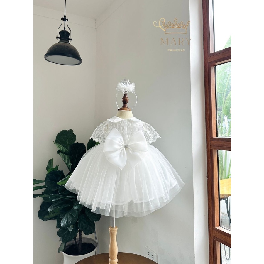 Váy công chúa đầm công chúa bé gái màu trắng cổ sen xòe rộng áo choàng rời tặng cài tóc  MARY PRINCESS