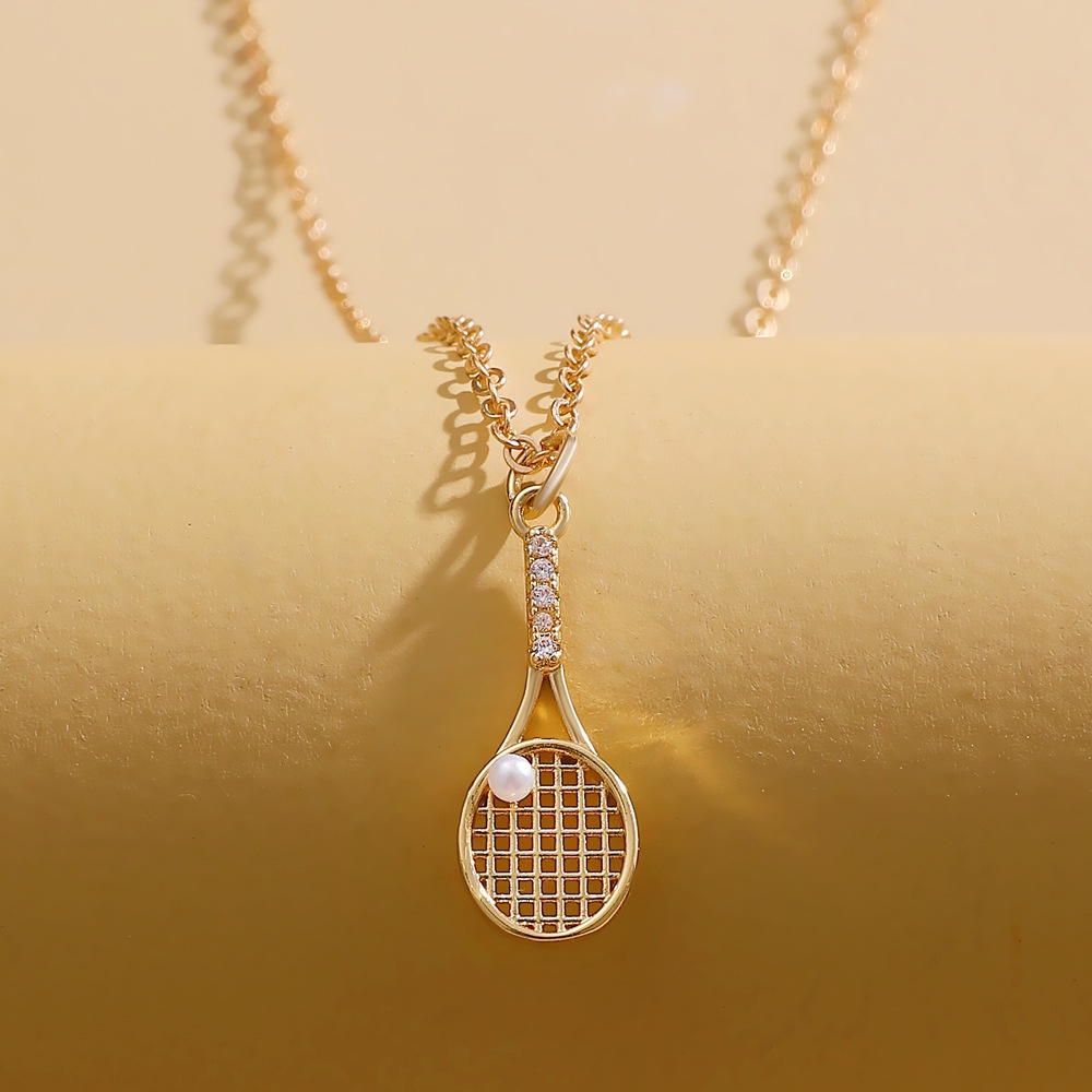 Ready stock vòng cổ vợt tennis ngọc trai tinh tế cho phụ nữ cô gái zircon ngọc trai tennis ball charm xương đòn chuỗi trang sức phụ kiện quà tặng