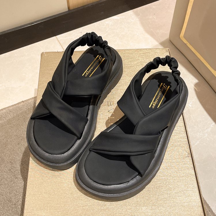 Giày Sandal Hở Ngón Mũi Tròn Đế Dày Quai Chéo Màu Trơn Phong Cách Mới Mùa Hè Cho Nữ