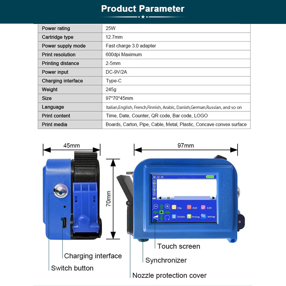 Máy phun mã cầm tay mini Máy phun mã cầm tay nhỏ Ngày sản xuất Mã QR Máy in thông minh 12.7mm