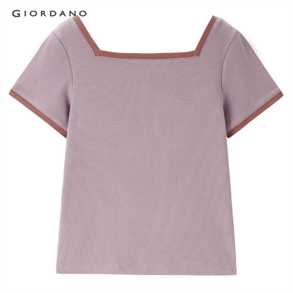 GIORDANO WOMEN Contrast color square neck slim short sleeve tee 05323422