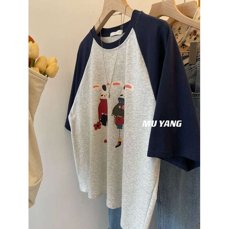 [Giới Hạn Thời Gian Đặc Biệt] Áo Thun Raglan Cotton Nguyên Chất Cỡ Lớn 300KG mm In Họa Tiết Màu Sắc Đối Lập Mùa Hè Cho Nữ