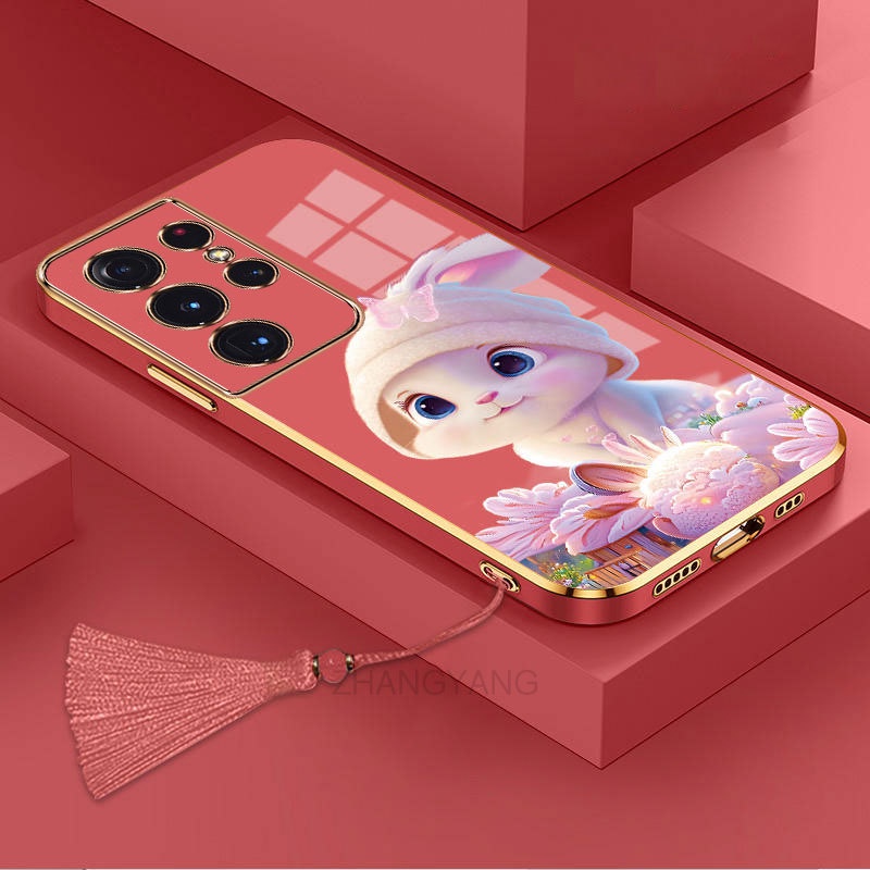 ốp lưng Samsung s23 Ultra s23 plus s23 Ốp Điện Thoại Tpu Dẻo Mạ Màu Gradient In Hình Thỏ Kèm Dây Đeo Cho Samsung s23 Ultra s23 plus s23
