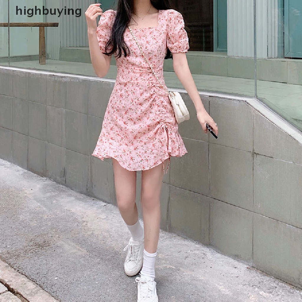 Đầm Mini Cổ Vuông Tay Phồng In Hoa Phối Dây Rút Thời Trang Hàn Quốc Thanh Lịch Cho Nữ