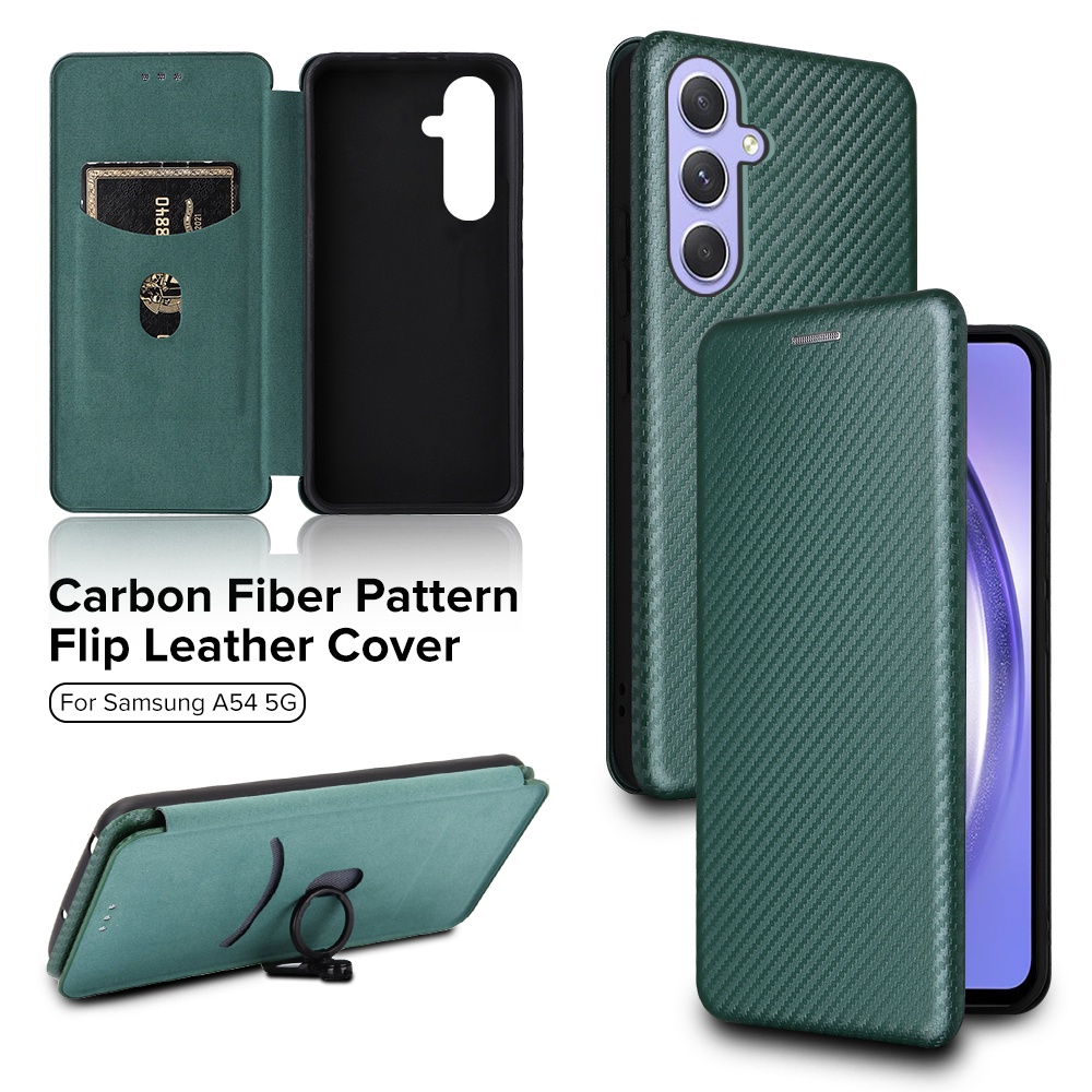 Bao Da Điện Thoại Sợi Carbon Dạng Ví Nắp Lật Có Vòng Đỡ Và Dây Đeo Cho Samsung Galaxy A14 A24 A34 A54 M14 5G Samung A 54