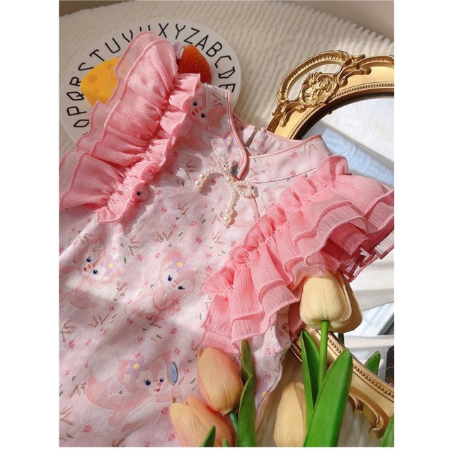 Đầm Sườn Xám In Họa Tiết Hoạt Hình Phối Bèo Dễ Thương Thời Trang Mùa Hè Cho Bé Gái