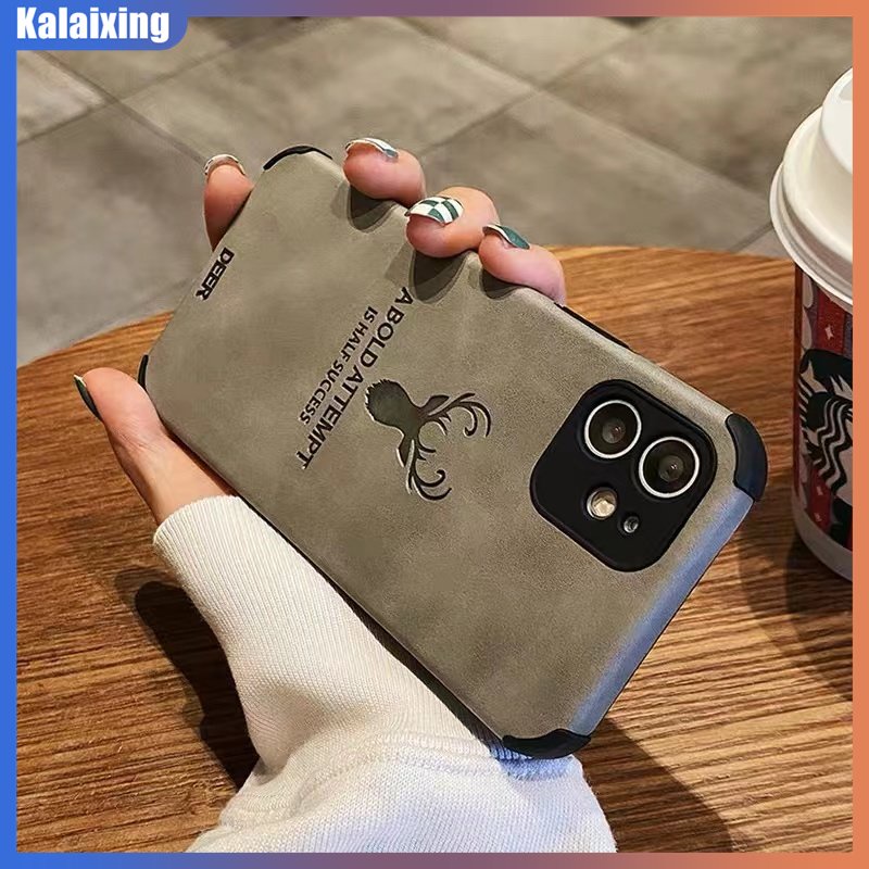 Ốp Điện Thoại Da Mềm Chống Rơi Họa Tiết Đầu Hươu Cho iPhone 14 Plus 13 Pro Max 12 Pro Max