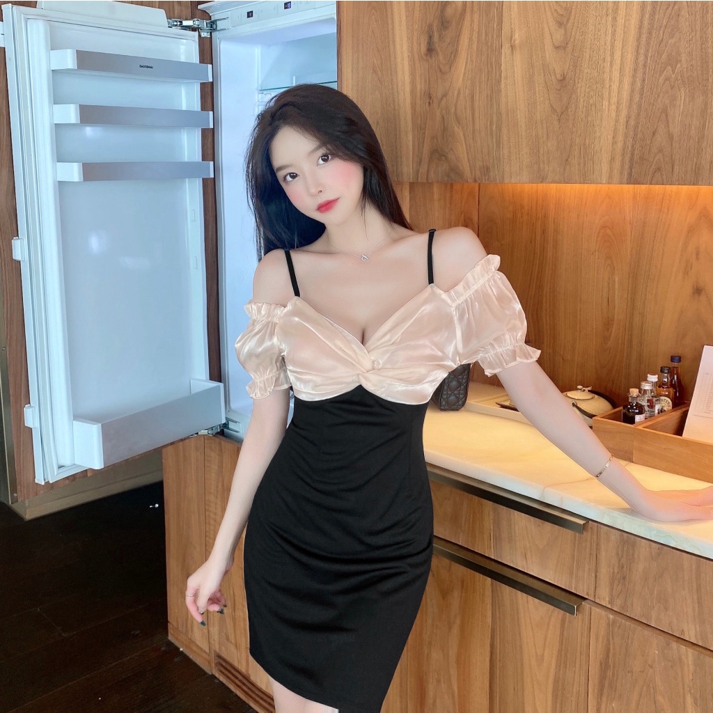 Đầm Trễ Vai Phối Lưới Màu Sắc Tương Phản Phong Cách Quyến Rũ