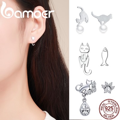 Bông tai mèo dễ thương Phong cách Hàn Quốc Bạc 925 Bamoer Món quà trang sức thời trang
