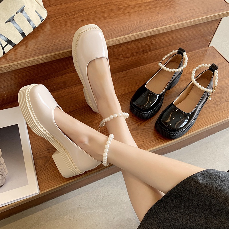 Giày Da Gót Dày Đính Ngọc Trai Phong Cách Lolita Vintage Anh Quốc