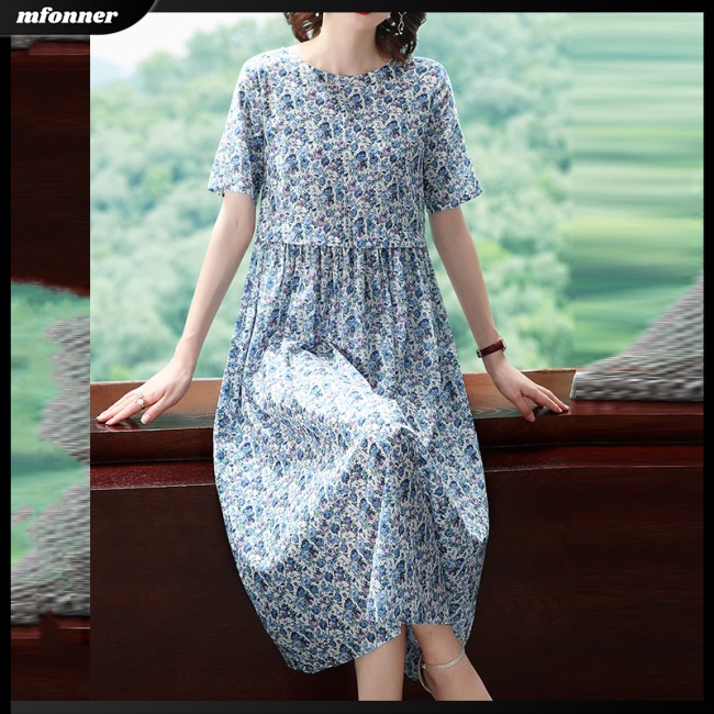 Đầm Chữ A Dáng Rộng Cổ Tròn Họa Tiết Hoa Thời Trang Cho Nữ