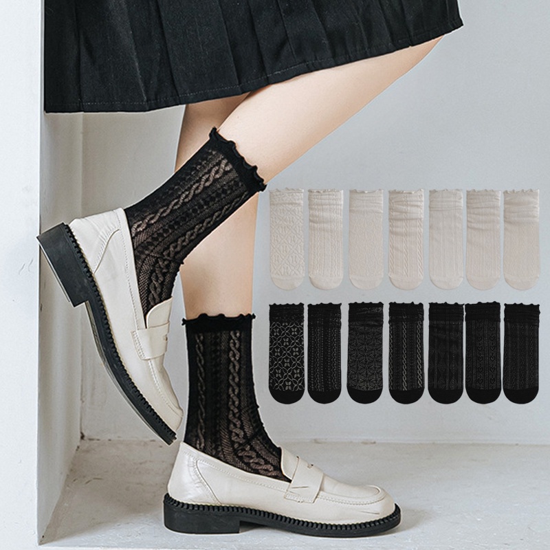 Vớ cotton mỏng FHYL màu trơn phối ren thời trang mùa hè phong cách Nhật Hàn cho nữ