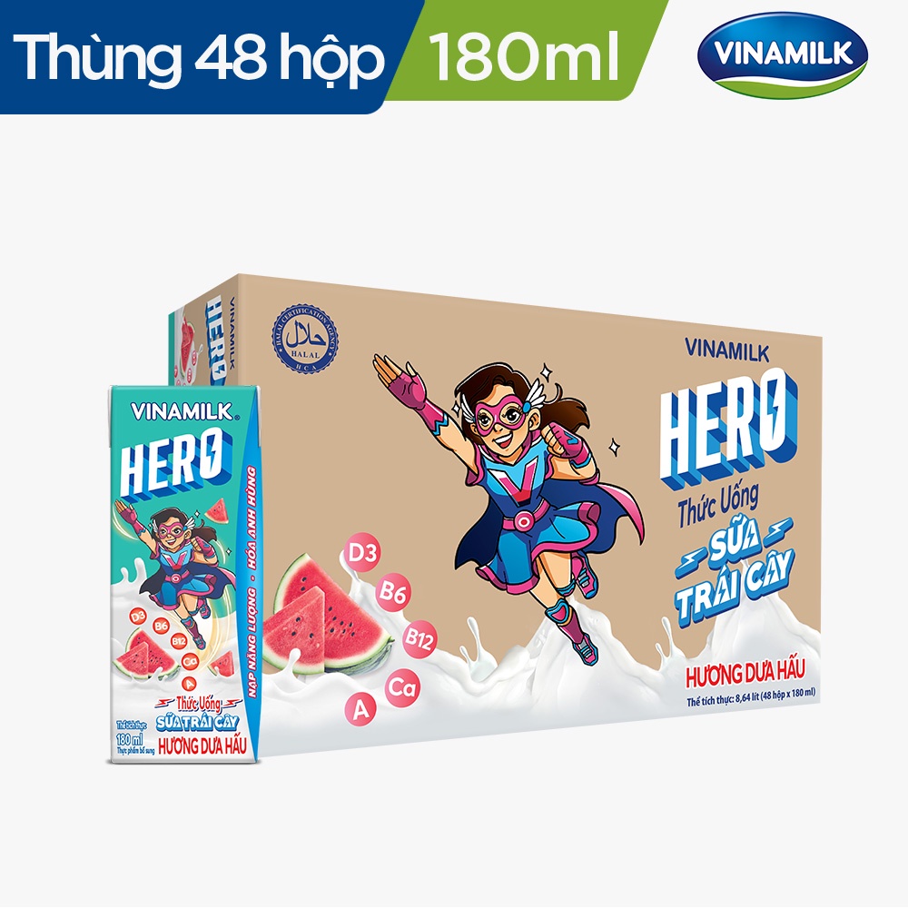 Thùng Thức uống sữa trái cây vị Dưa Hấu Vinamilk Hero 180ml - 48 hộp/Thùng