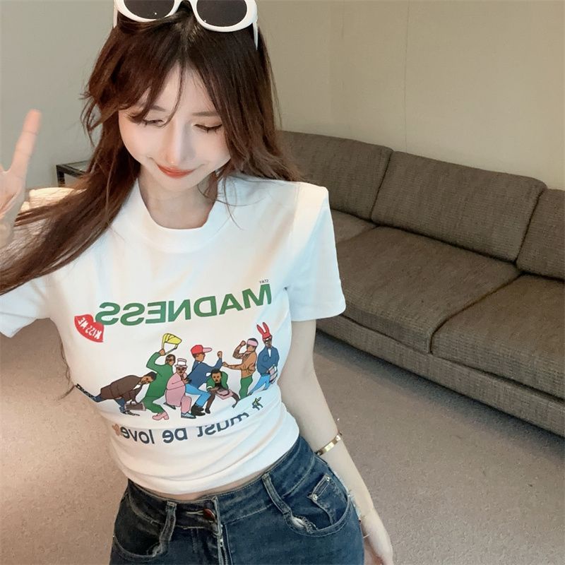 Áo Thun Cotton Ngắn Tay In Họa Tiết Hoạt Hình Đơn Giản Dành Cho Nữ