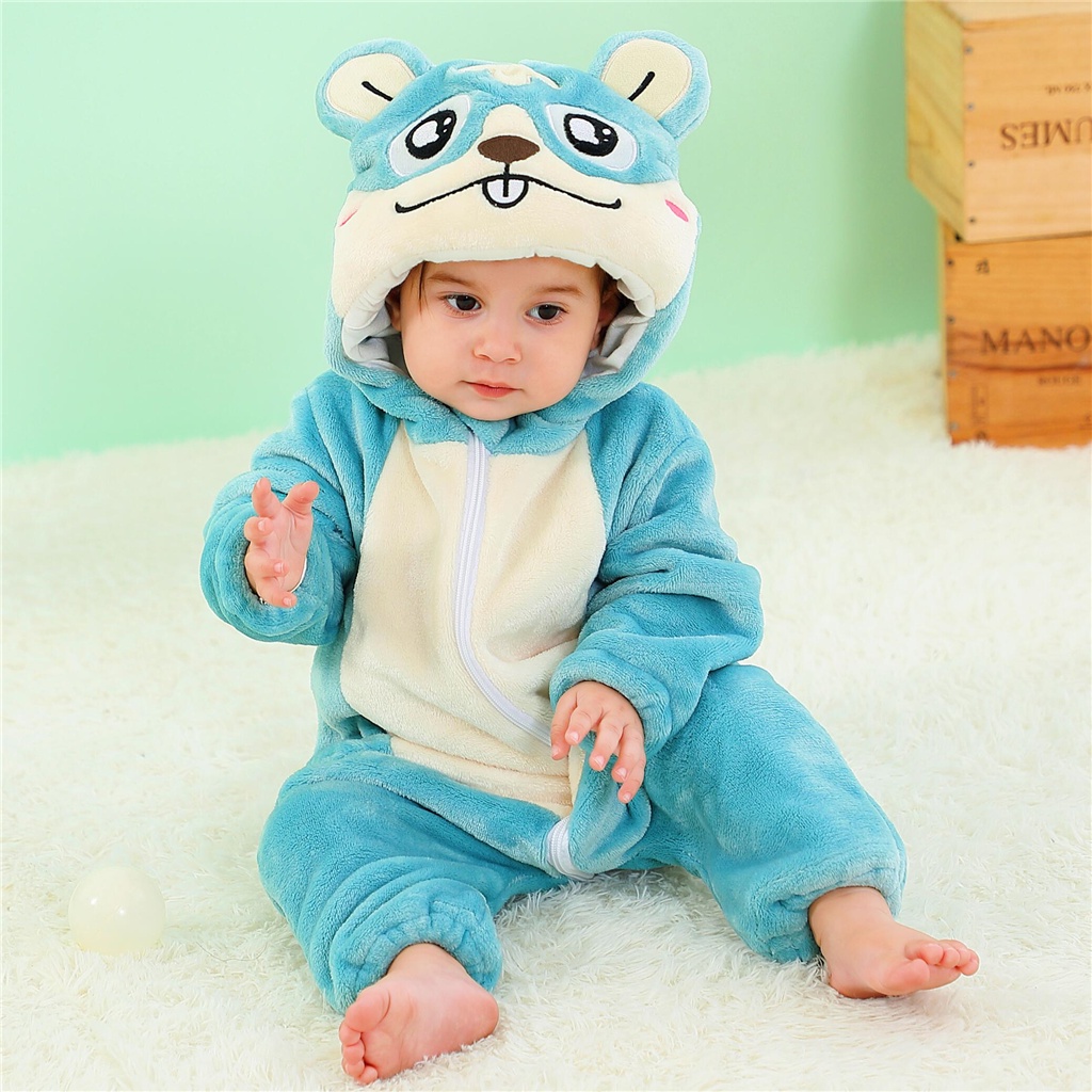 Bộ Áo Liền Quần Có Nón In Họa Tiết Hoạt Hình Động Vật Dễ Thương Thời Trang Mùa Đông Cho Bé Sơ Sinh