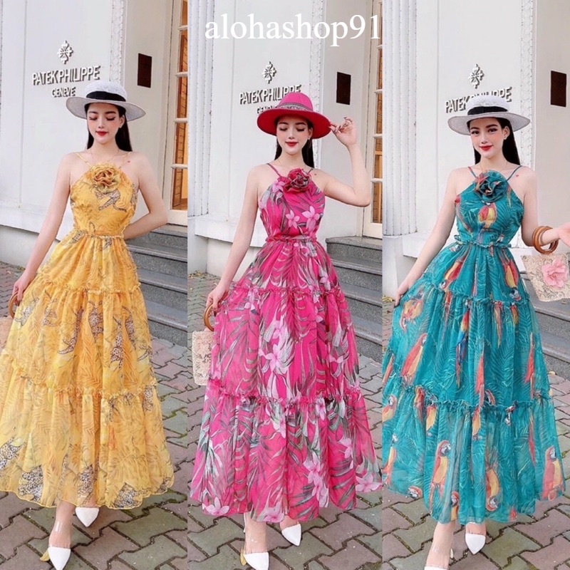 Đầm Hoa Xòe Maxxi Voan Dài Có Lót Mút Bông Ngực alohashop91