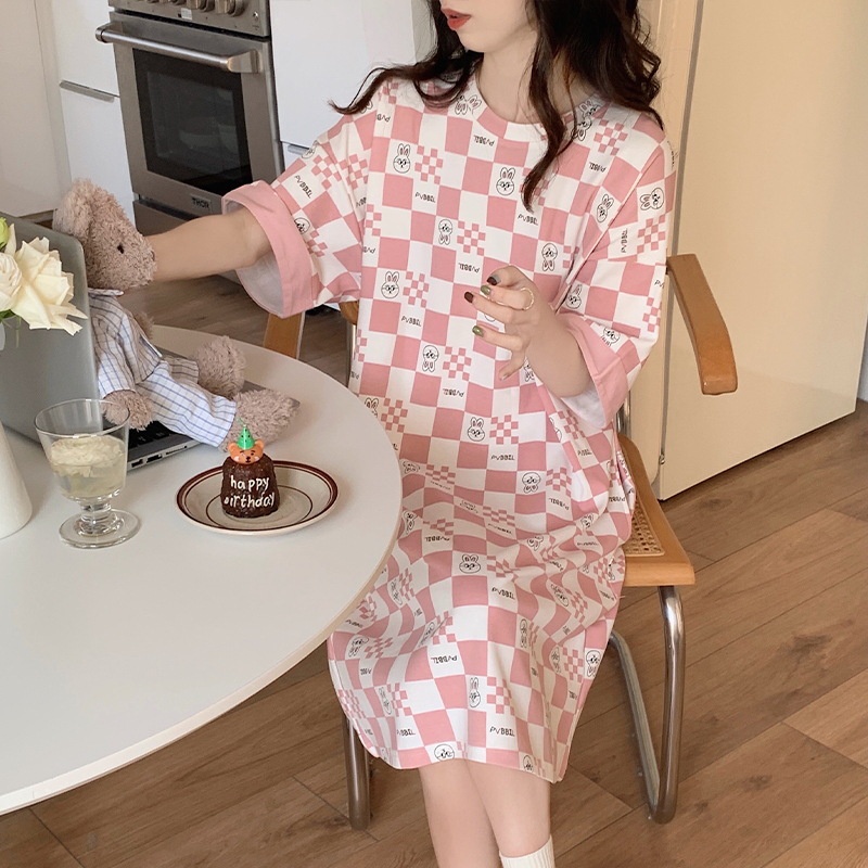 Đầm Ngủ Mỏng Tay Ngắn Dáng Rộng Họa Tiết Chấm Bi Hoạt Hình Cho Nữ La310