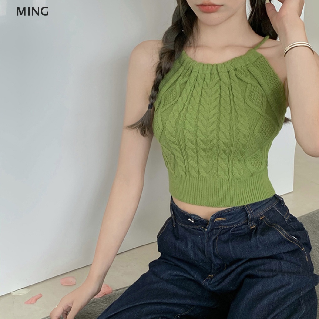Áo Croptop Dệt Kim Không Tay Hở Lưng Phối Ren Gợi Cảm