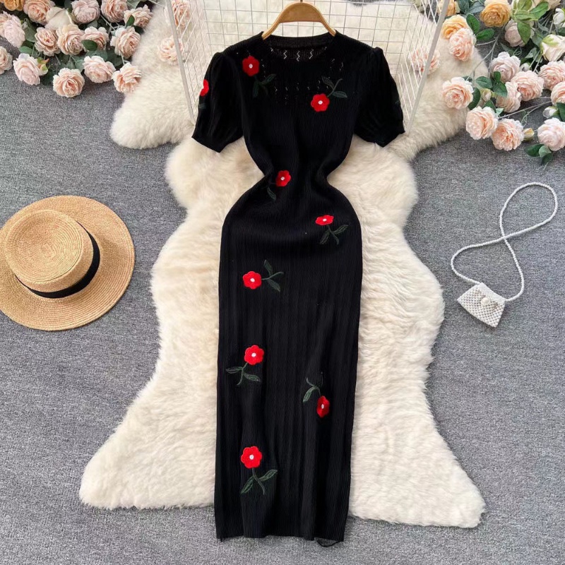 Đầm Dệt Kim Tay Ngắn Cổ Tròn Thêu Hoa Hồng Thời Trang Mùa Hè Cho Nữ