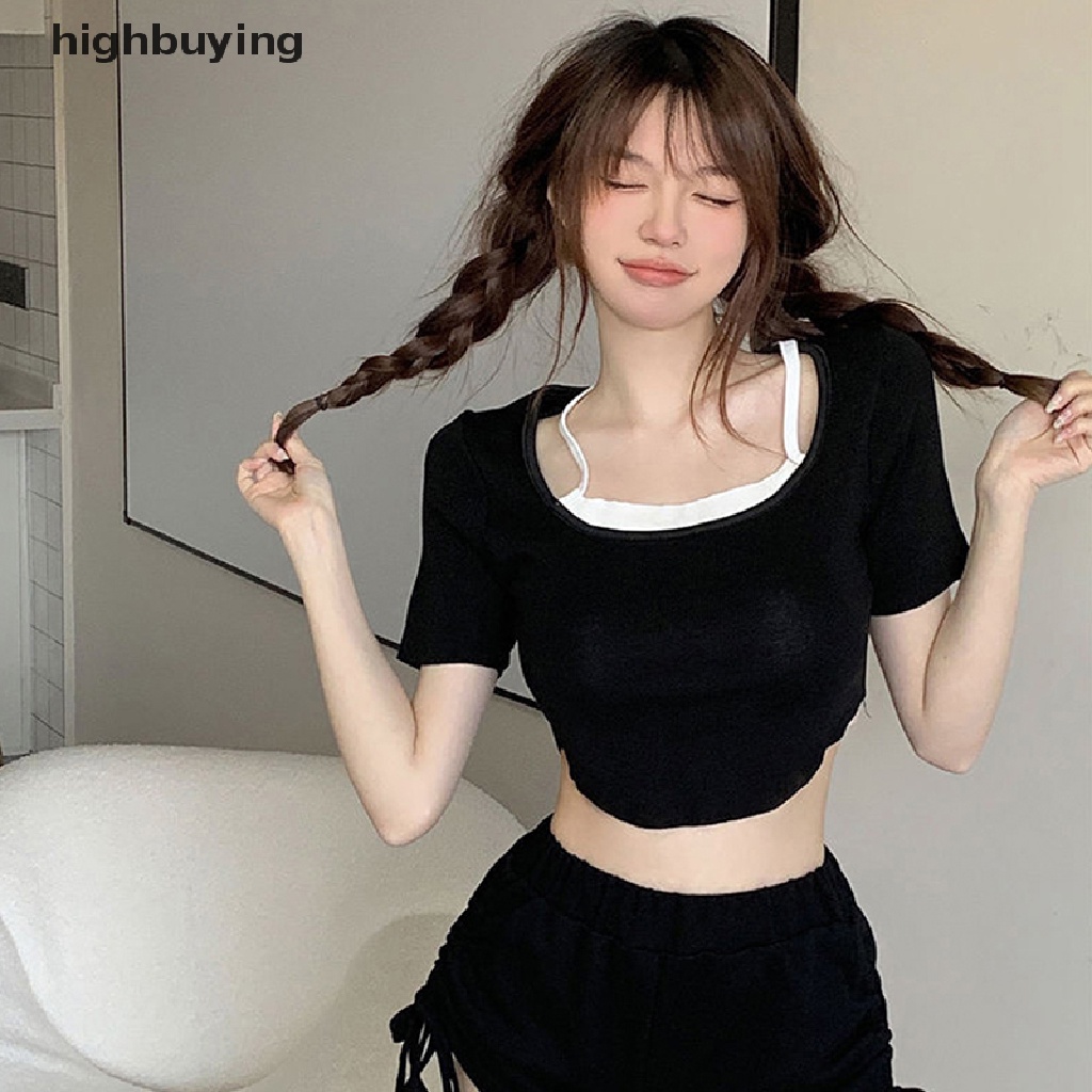 Áo Thun Lửng Ngắn Tay Cổ Vuông Phong Cách Quyến Rũ Dành Cho Nữ