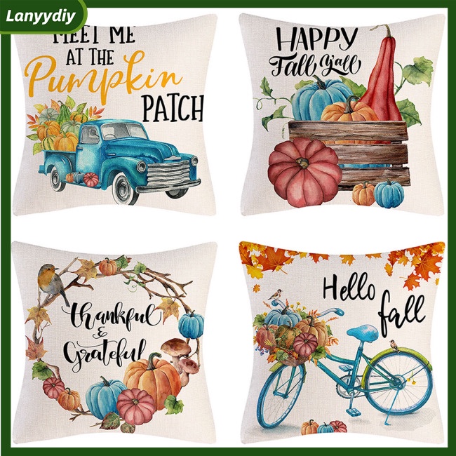 Lanydiy Bộ 4 Vỏ Gối Tựa Họa Tiết Lễ Tạ Ơn / Lá Phong / Bí Ngô Trang Trí Nhà Cửa