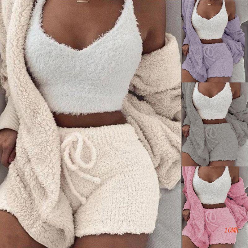 Set Đồ 3 Món Gồm Áo Khoác Cardigan Có Nón + Quần Ngắn + Áo Crop Top Gợi Cảm Cho Nữ