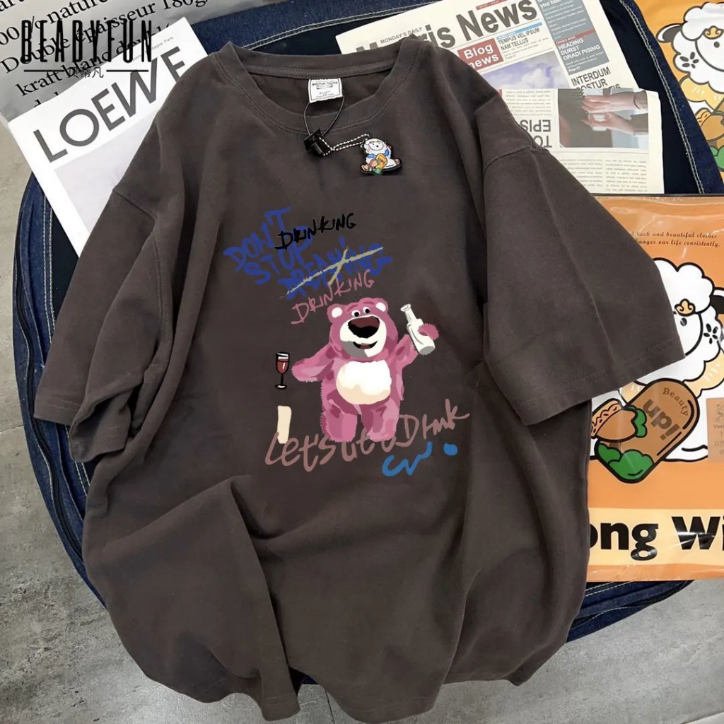 Áo Thun 100% Cotton Tay Ngắn In Hình Gấu Và Dâu Tây Phong Cách Harajuku Thời Trang Mùa Hè Hàng Mới Dành Cho Học Sinh Nam Và Nữ