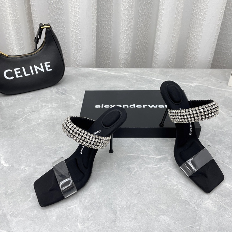 2024 Phong Cách Mới Alexander Wang Nữ Giày Sandal Cao Gót Phong Cách Mới Đen Yangjing Vải Kim Cương Dây Giày Cao Su Mật Độ Cao Đế Thoải Mái Mềm Mại Gợi Cảm Giày Nữ