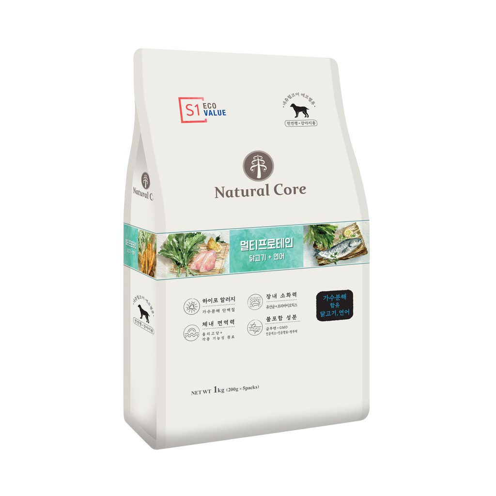 6kg THỨC ĂN HỮU CƠ NATURAL CORE S1 ĐA ĐẠM CHO CHÓ sử dụng nguyên liệu hữu cơ là thịt gà và cá hồi.