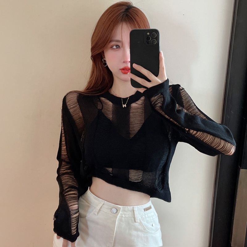 New design sense niche knitwear hole hollow long sleeve sun-proof blouse ice silk knitted base girl's top pure sweet hot girl sexy perspective T-shirt