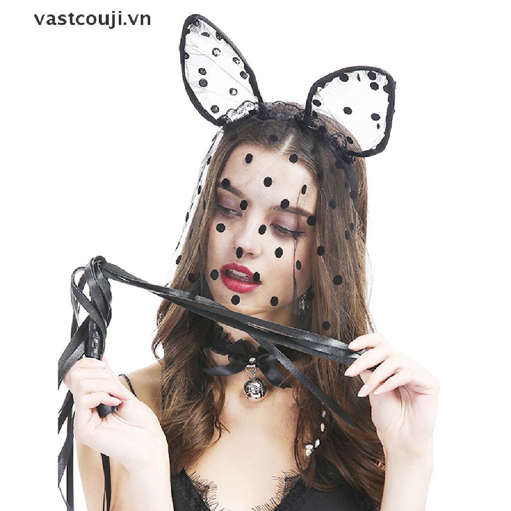 Băng Đô Tai Mèo Bằng Lưới Phối Ren Họa Tiết Chấm Bi Dùng Hóa Trang Tiệc Halloween