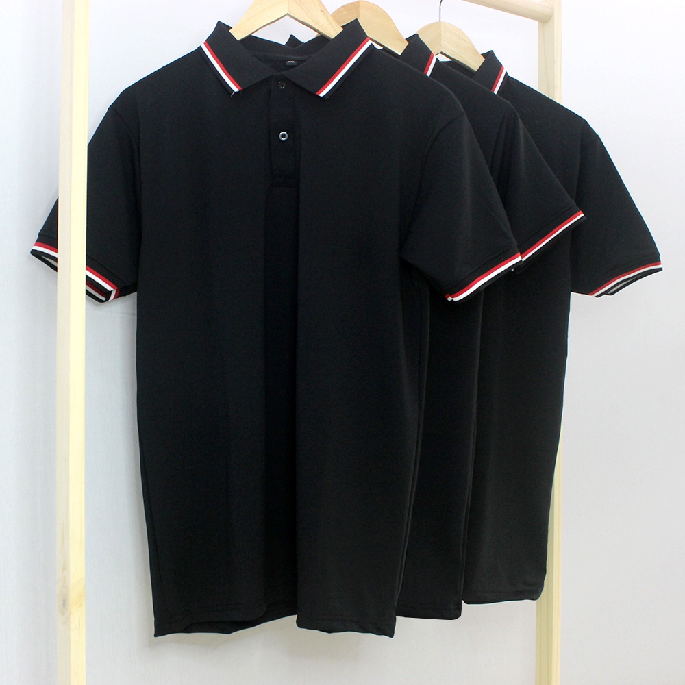 Áo Thun Có Cổ Cá Sấu 4 Chiều Polo Màu Đen Phối Cổ Và Bo Tay 3 Sọc Phom Xuông Đồng Phục Dùng Chung Nam Nữ