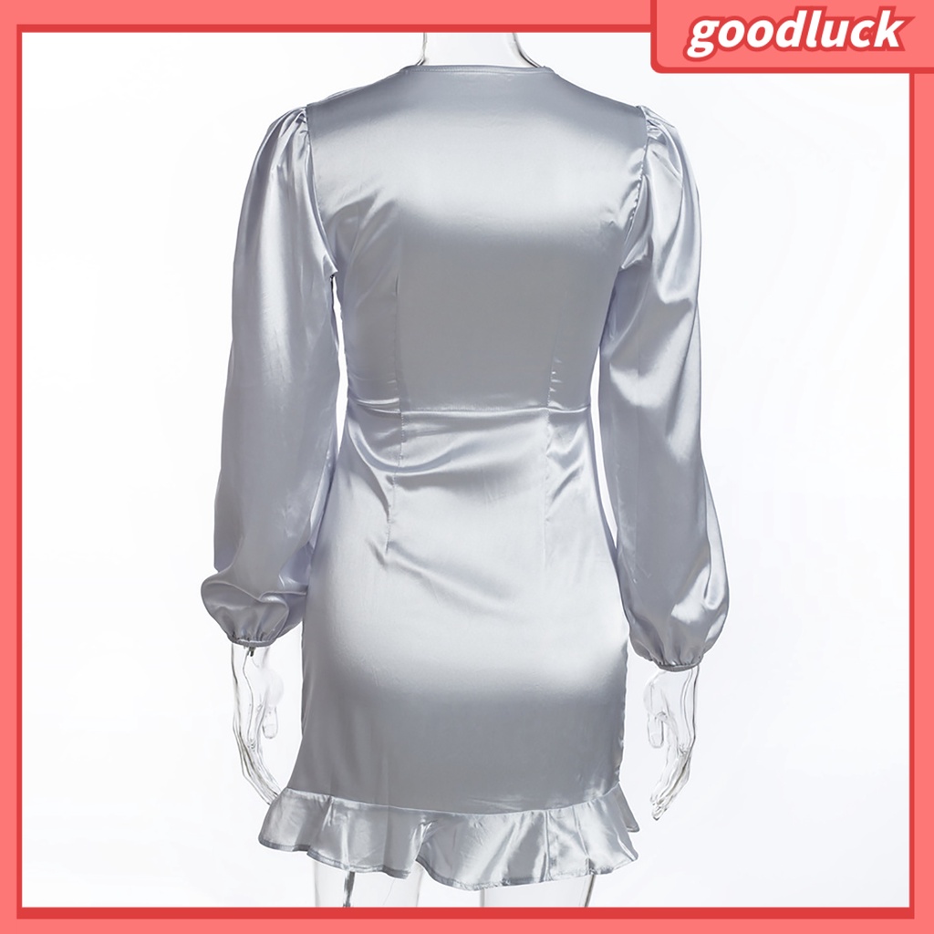 [ULK] Đầm Satin Ôm Dáng Tay Phồng Dài Cổ Chữ V Khoét Sâu Viền Bèo Rỗng