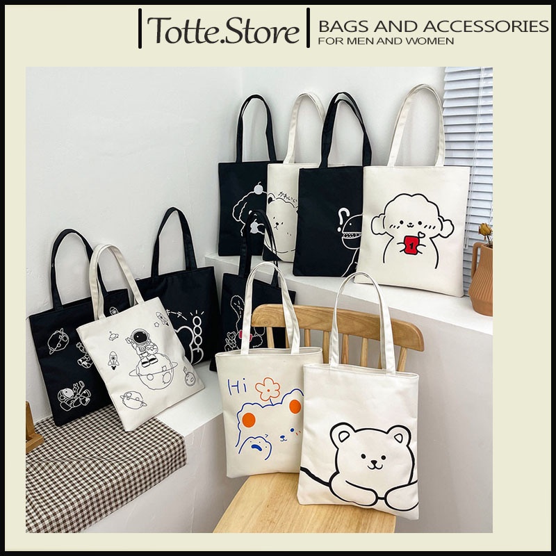 Túi vải tote bag giá rẻ túi xách canvas có khóa kéo đeo vai totebag in họa tiết Gấu đi học tiện lợi Totte.Store
