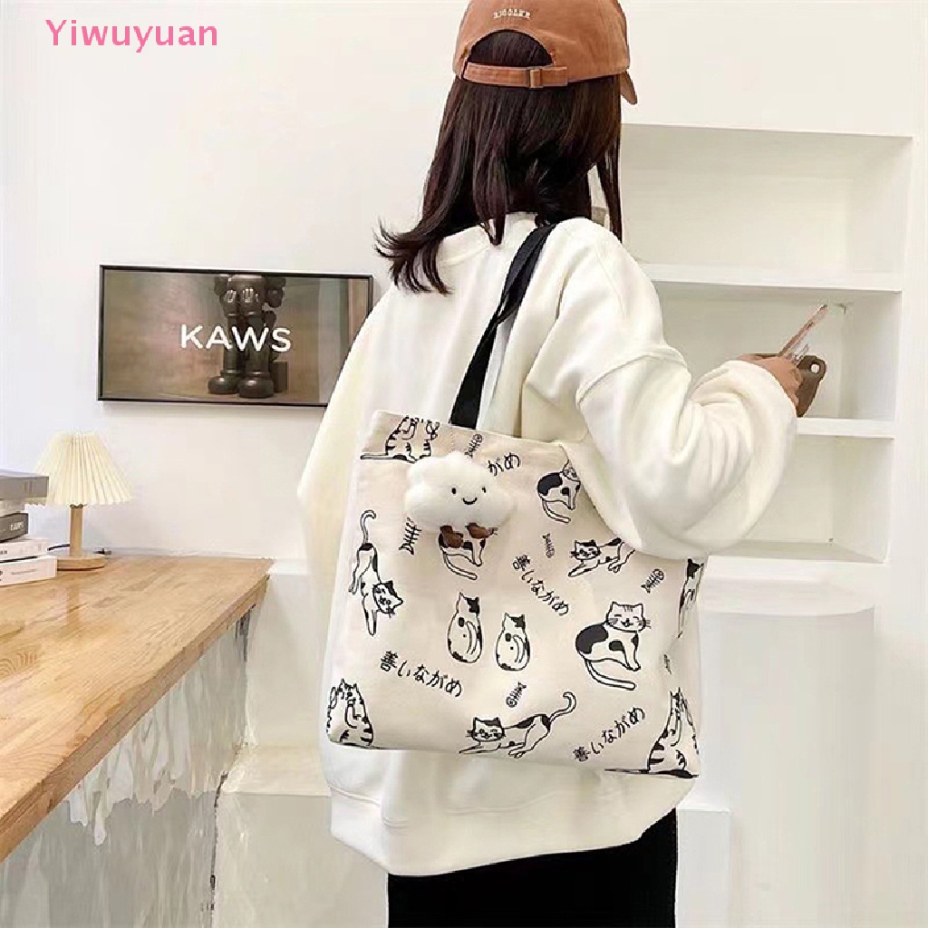 &lt; Yiwuyuan &gt; Túi Xách Đeo Vai Canvas Họa Tiết Mèo Hoạt Hình Có Khóa Kéo Phong Cách Nhật Bản Mới Cho Nữ
