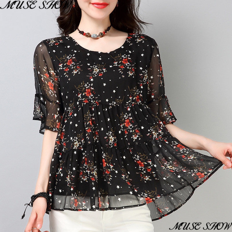Áo Sơ Mi Chiffon Cổ Tròn Tay Ngắn Dáng Rộng In Họa Tiết Hoa Phong Cách Thời Trang Phương Tây Dành Cho Nữ Có Size Lớn 202