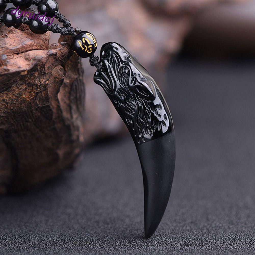 Dyruidoj1 Vòng cổ Mặt Răng Sói Bằng Đá Obsidian Thanh Lịch Đa Năng Hợp Thời Trang Cho Cặp Đôi