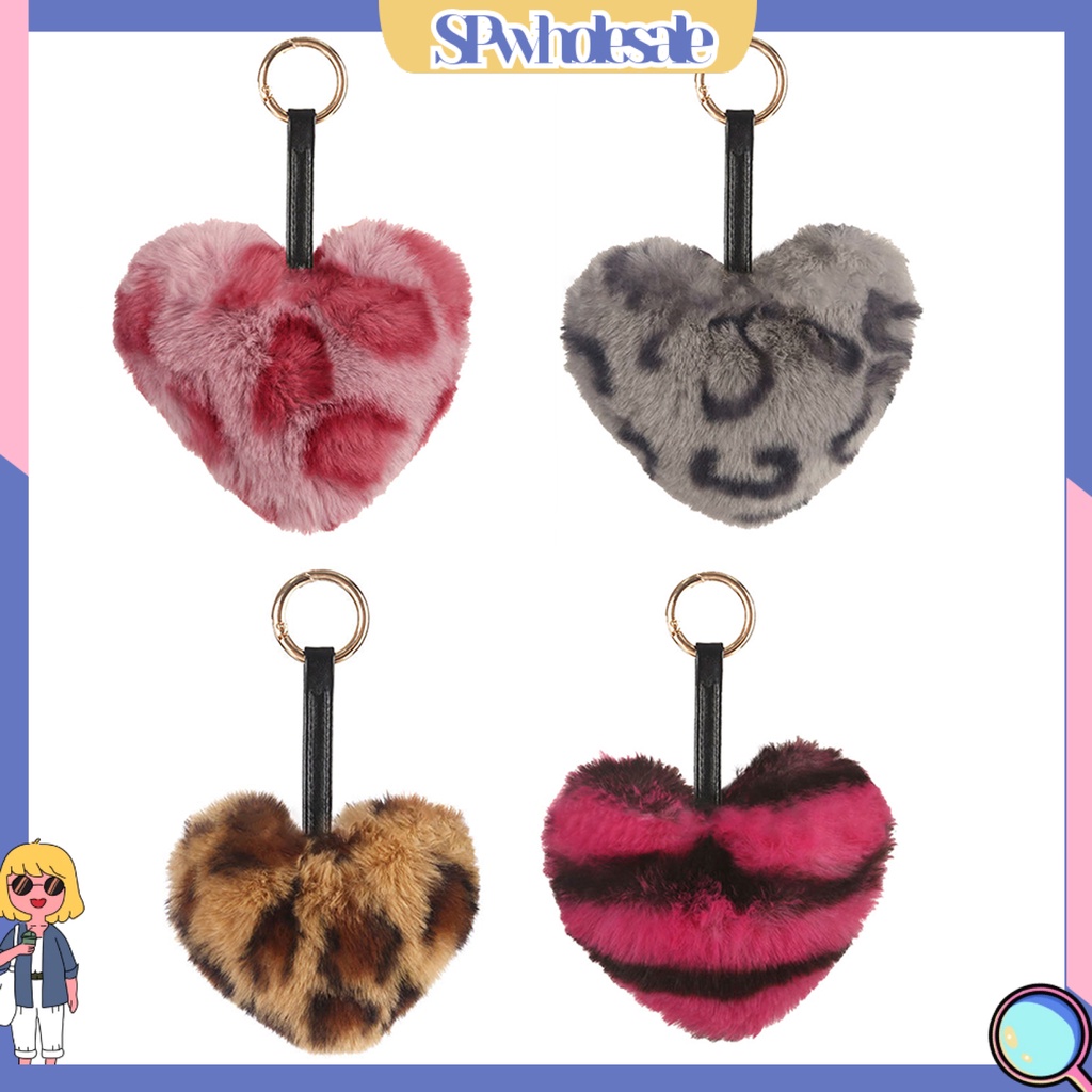 <SPwholesale> Móc Khóa Hình Trái Tim Họa Tiết Da Báo Bằng Lông Nhung Thời Trang