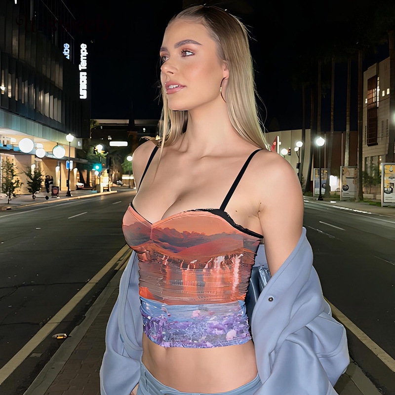 Áo Tank Top Sát Nách Cổ Yếm Phối Lưới Màu Sắc Tương Phản Thời Trang 2023 Cho Nữ