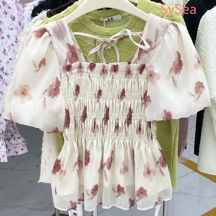 Áo Kiểu Chiffon Cổ Vuông Tay Phồng Họa Tiết Hoa Thời Trang Mùa Hè Quyến Rũ Cho Nữ