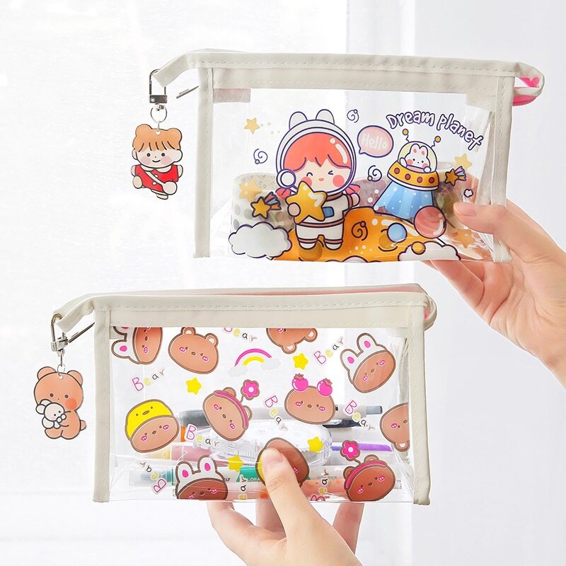 Túi Đựng Bút Bằng PVC Trong Suốt Cỡ Lớn In Hoạt Hình Dễ Thương Cho Học Sinh