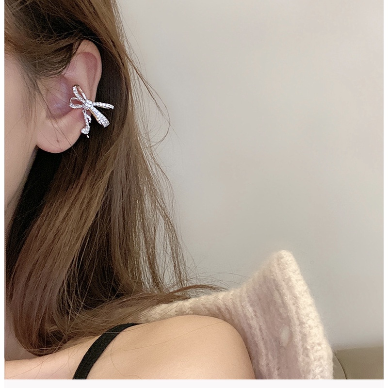 Bông Tai Dạng Kẹp Không Cần Xỏ Lỗ Hình Nơ Đính Đá Kim Cương Toàn Diện Thời Trang Cho Nữ