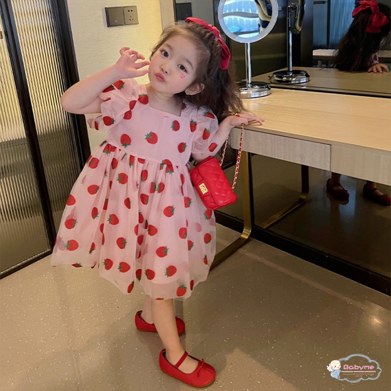 Đầm Công Chúa Dáng Suông Tay Phồng In Họa Tiết Dâu Tây Dễ Thương Phong Cách Hàn Quốc Cho Bé Gái