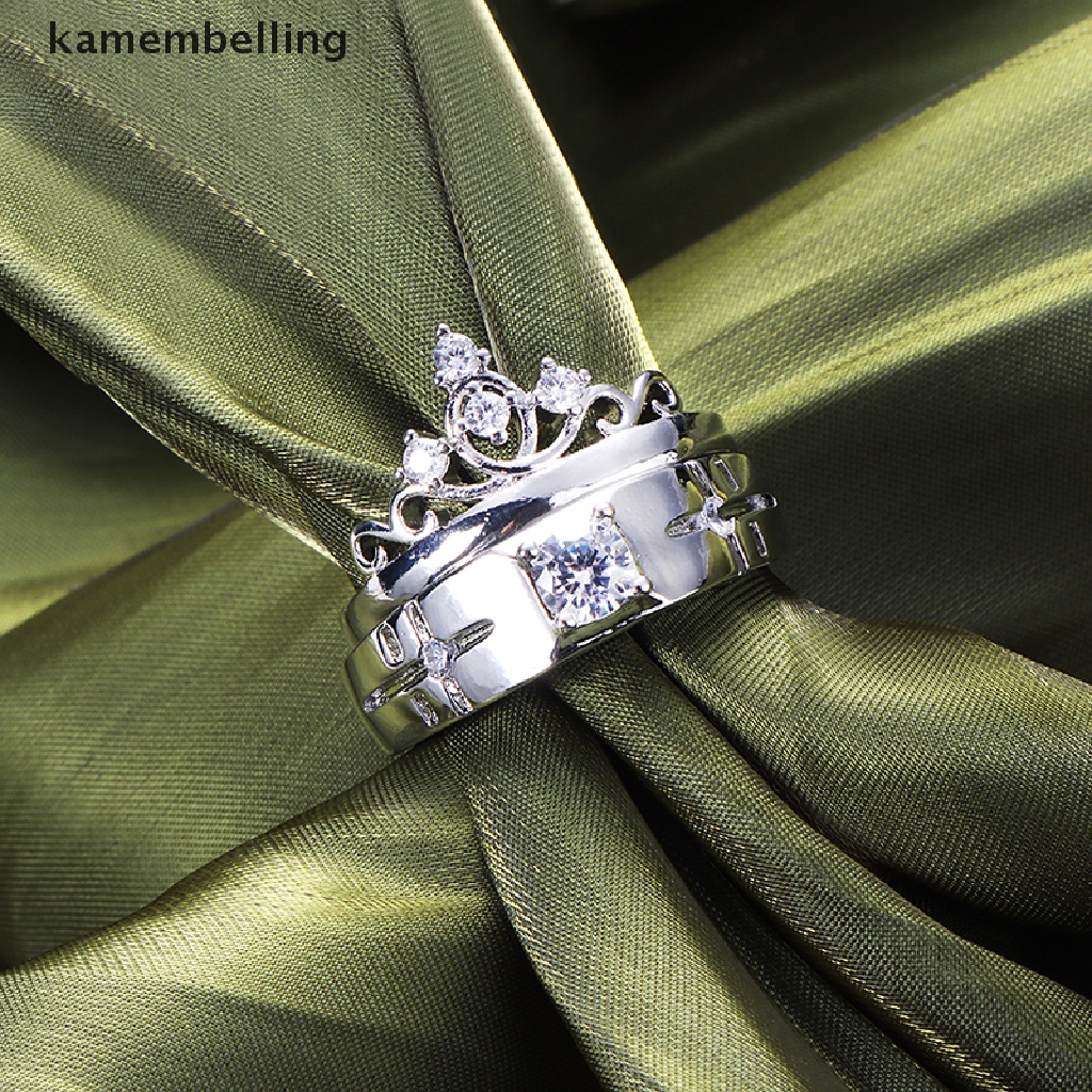 Kamembelling Set 2 Nhẫn Đính Đá Pha Lê Hình Vương Miện Có Thể Điều Chỉnh Kích Thước Cho Cặp Đôi