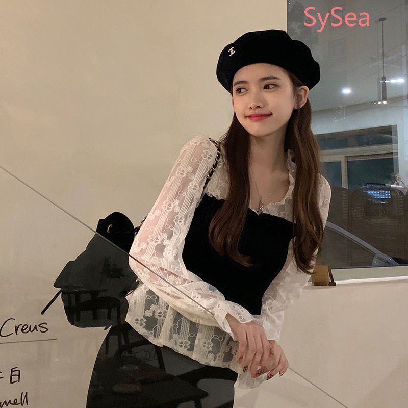 Áo Sơ Mi Dài Tay Phối Ren Phong Cách Hàn Quốc Thanh Lịch Cho Nữ