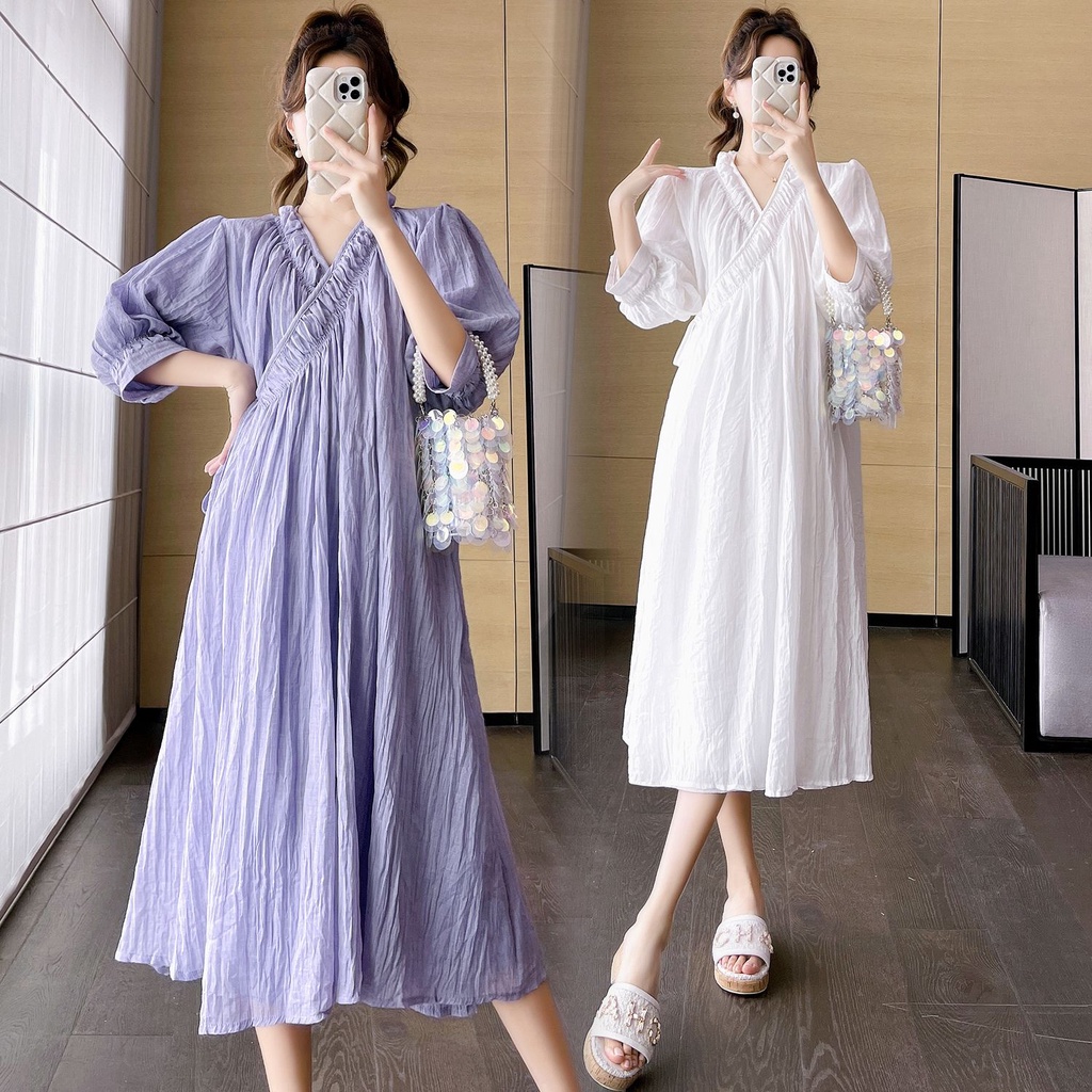 Đầm Dài Cổ Chữ V Màu Tím Chất Lượng Cao Thời Trang Mùa Hè Cho Mẹ Bầu