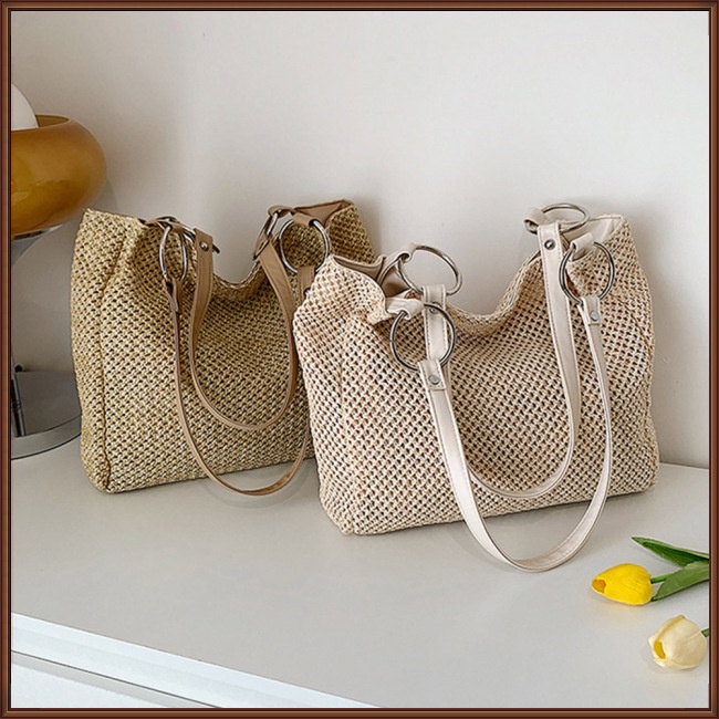 Túi Rơm Đeo Vai Sức Chứa Lớn Màu Trơn Có Khóa Kéo Thời Trang Đi Biển Mùa Hè Cho Nữ